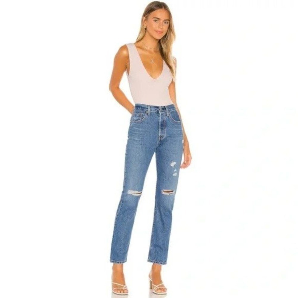 LEVI'S 501 High Rise Skinny Leg Button Fly Distressed Jeans Size 24 - Picture 2 of 16